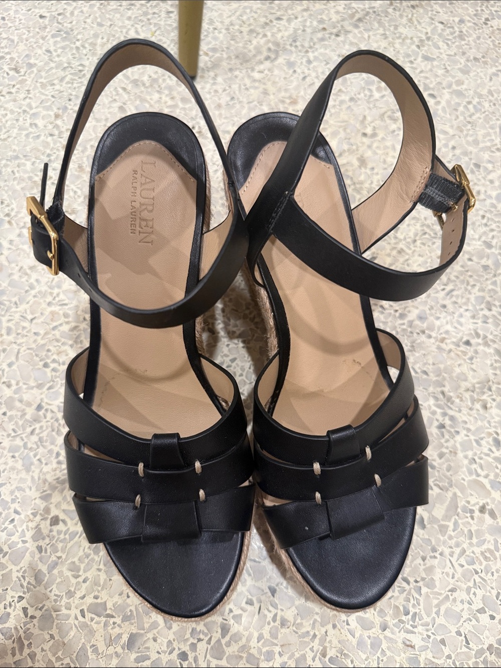Lauren Ralph Lauren Black Leather Espadrille Wedge Sandals